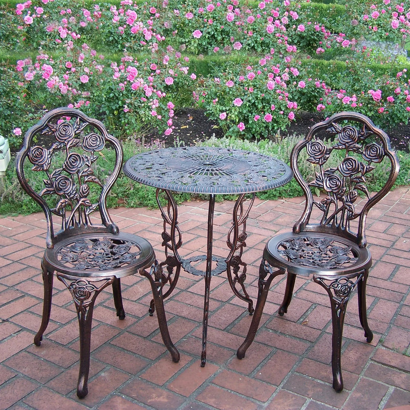 Cast Aluminum Metal Antique Bronze 3 Piece Patio Rose Bistro Set by Sharicks
