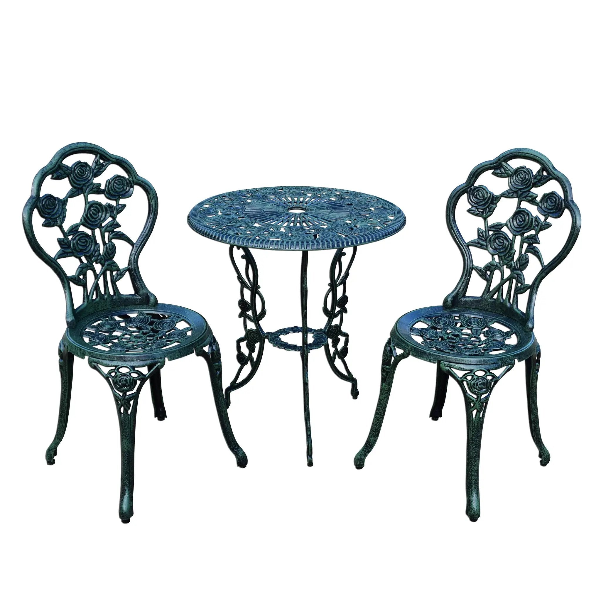 Cast Aluminum Metal Antique Green 3 Piece Patio Rose Bistro Set by Sharicks