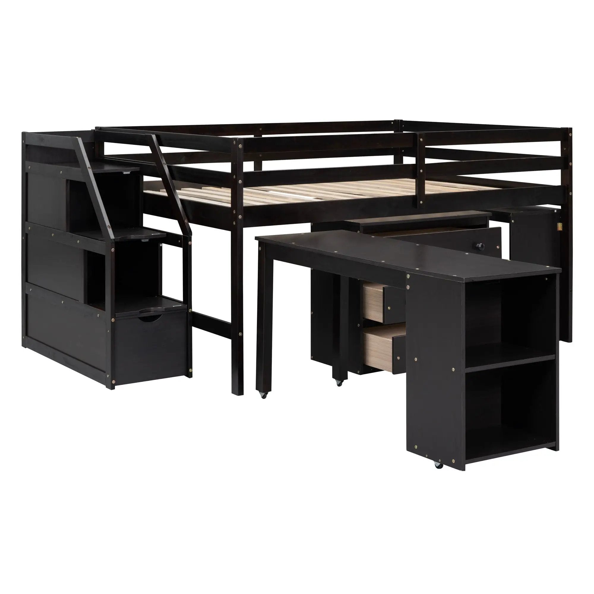 Loft Bed With Retractable Writing Desk And 3 Drawers With Storage Stairs And Shelves by HouseOfZazla