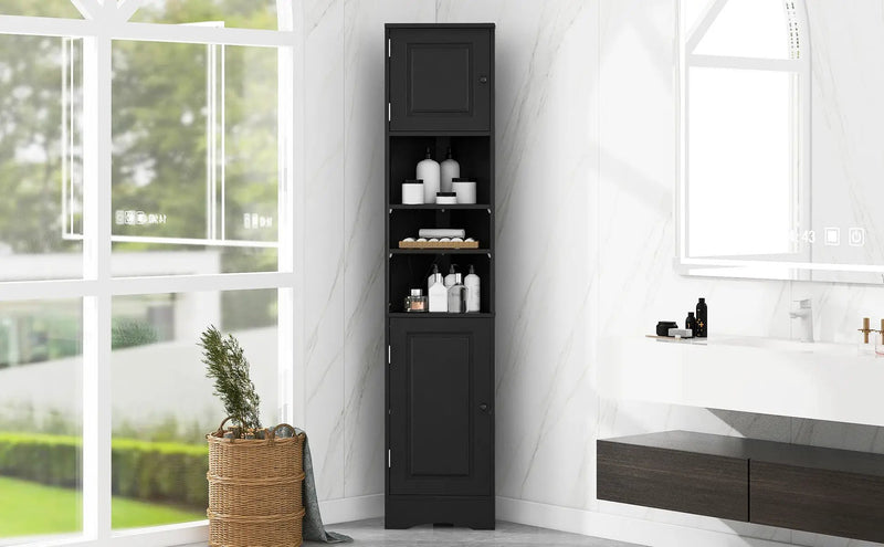 Multi-Functional Corner Cabinet Tall Bathroom Storage Cabinet with Two Doors and Adjustable Shelves, Open Shelf by HouseOfZazla