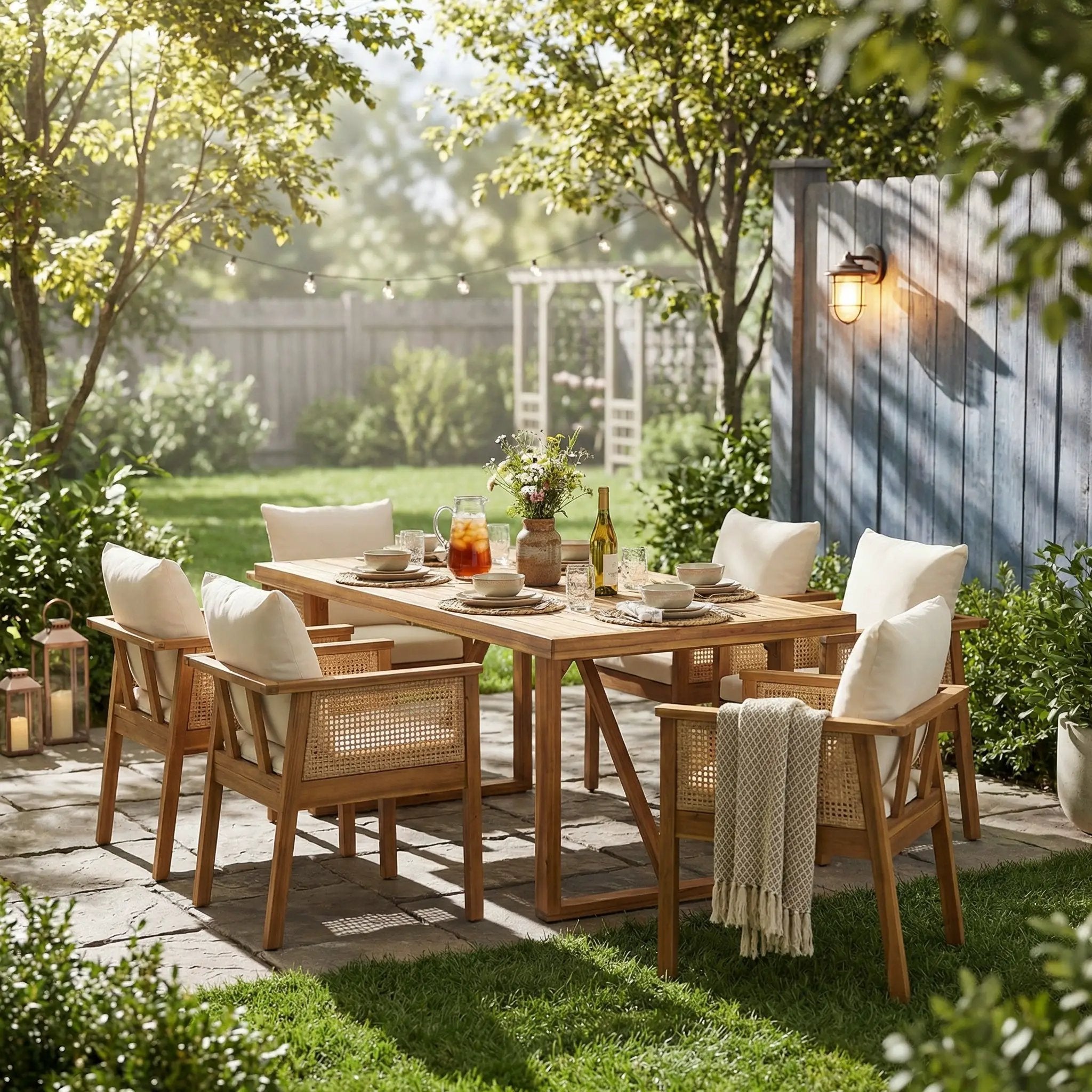 7-Piece Acacia Wood Outdoor Dining Set with Cream Cushions and Natural Wicker by HouseOfZazla