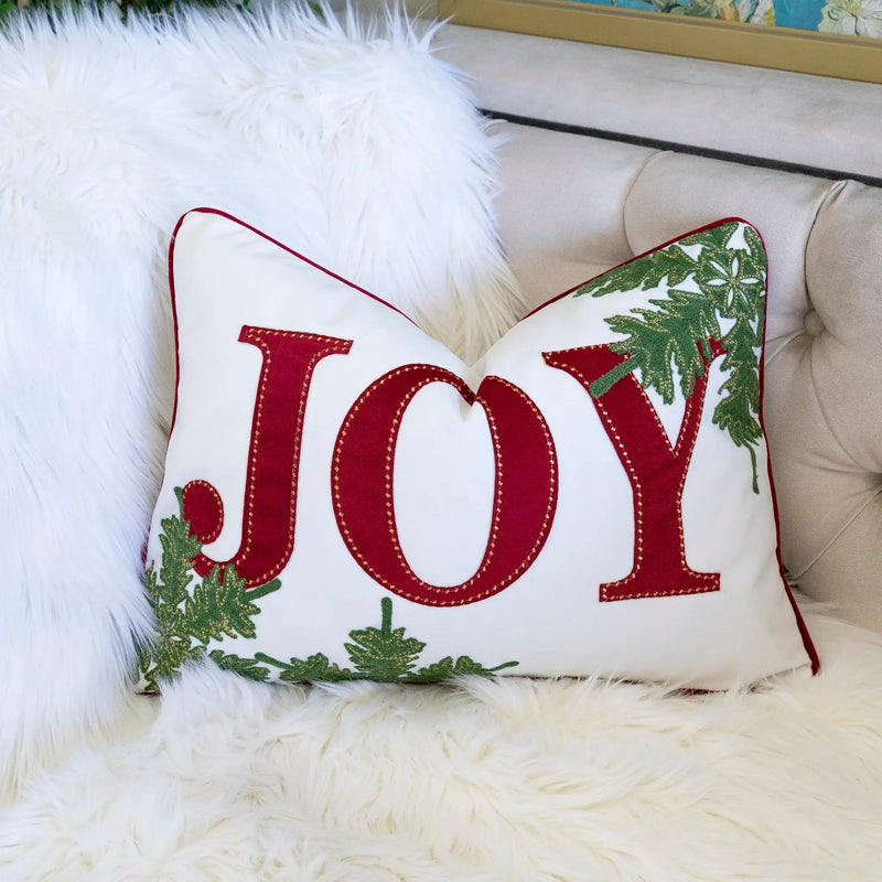 Joy Embroidered Christmas Throw Pillow by HouseOfZazla