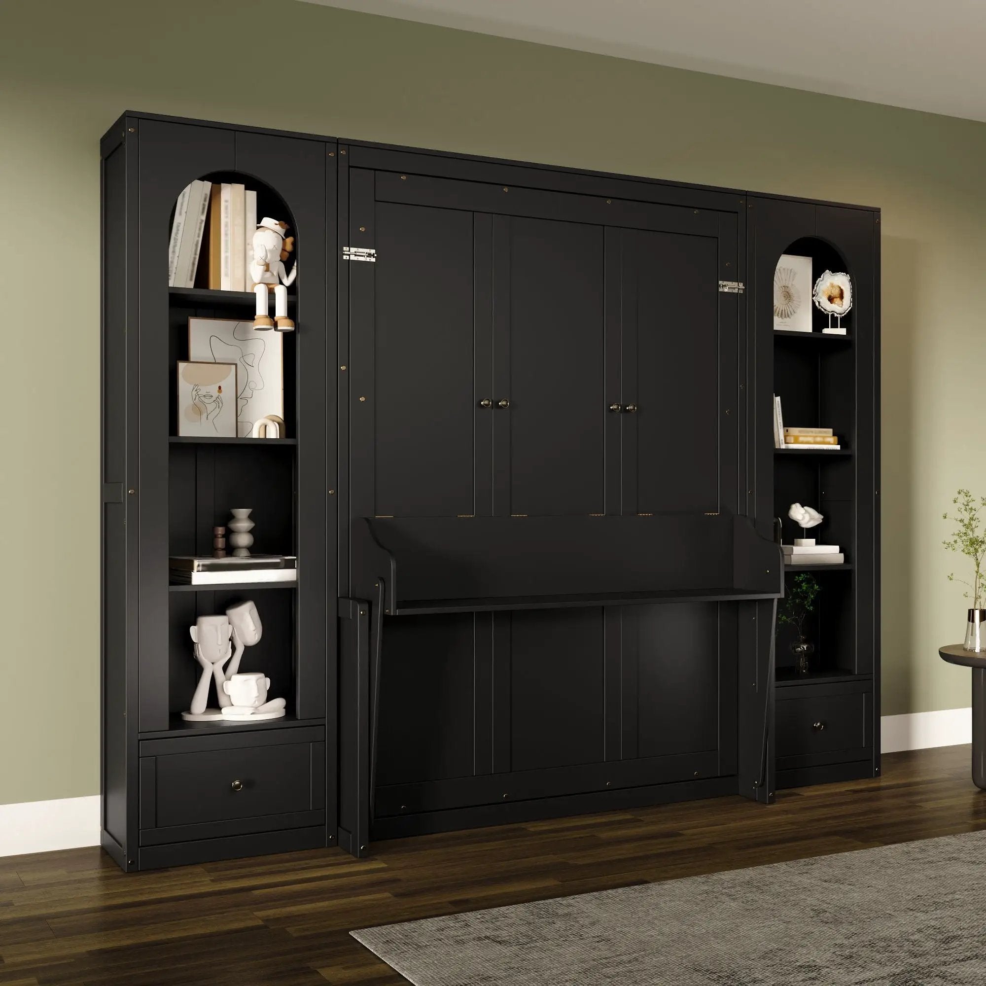 French Style Murphy Platform Bed With Shelf, Side Cabinets, Drawers And LED