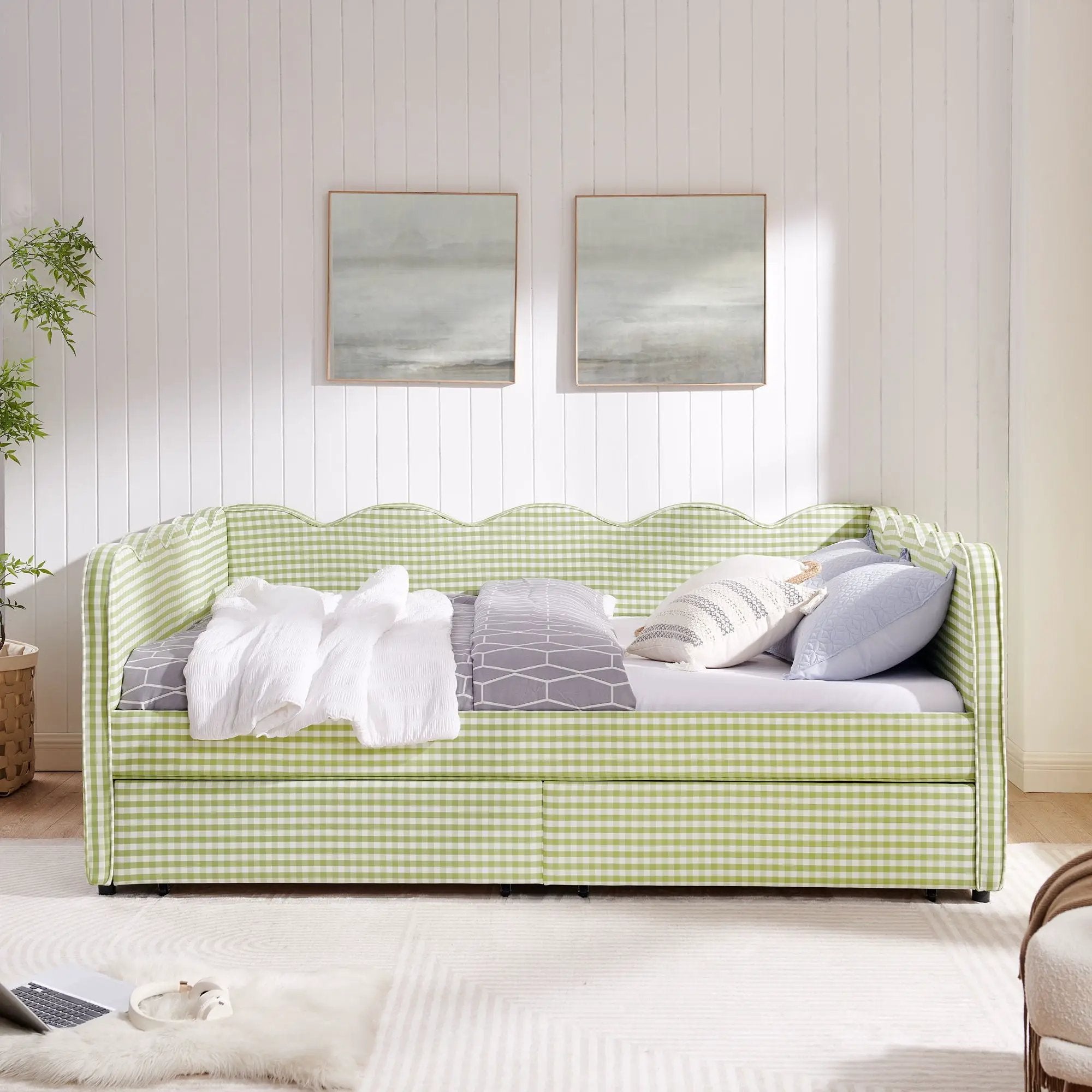 Gingham Daybed With USB Charging Port, Wave-Shaped Design by Unique Piece Furniture