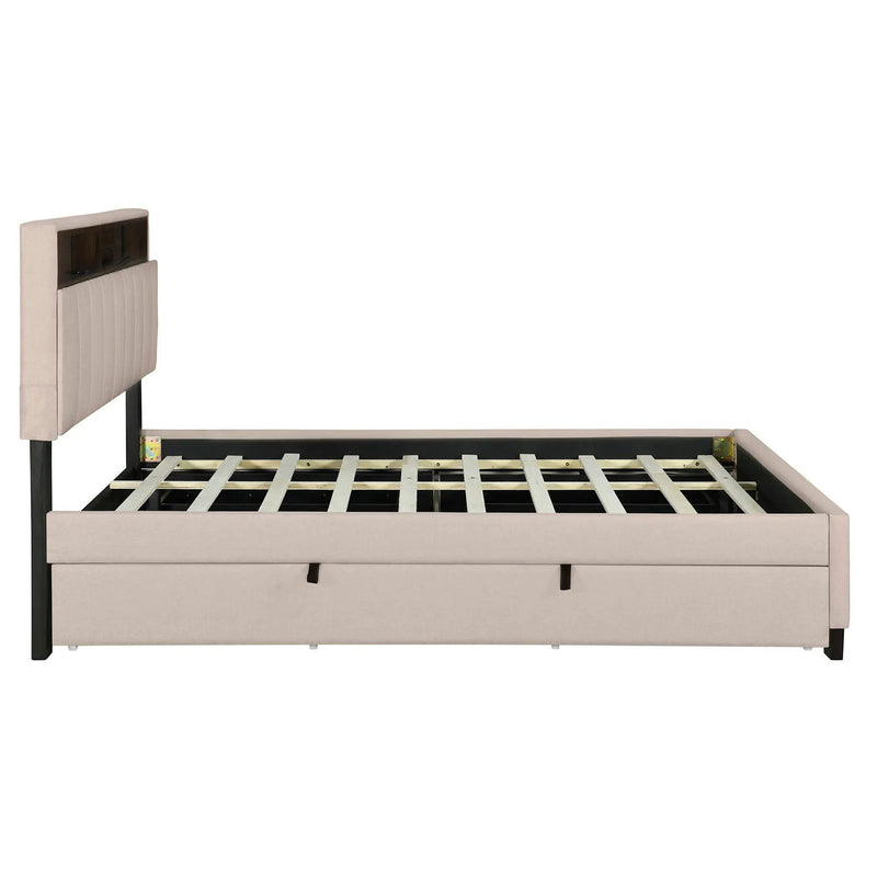 Upholstered Platform Bed With Storage Headboard, Trundle & 2 Drawers And A Set Of Sockets & USB Ports by Unique Piece Furniture