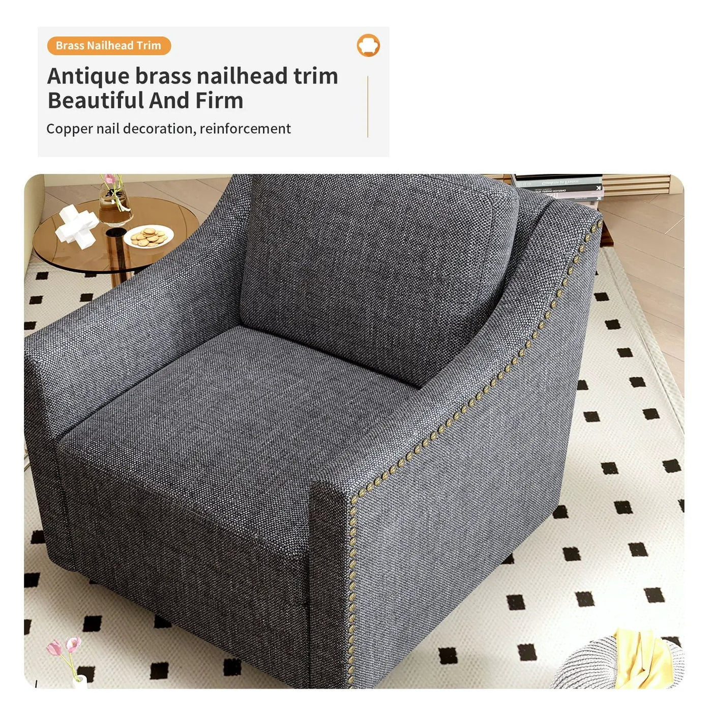 360 Degree Swivel Armchair, Skin Friendly Fabric, Ergonomic Design, Brass Nail Decorative Armchair by Unique Piece Furniture