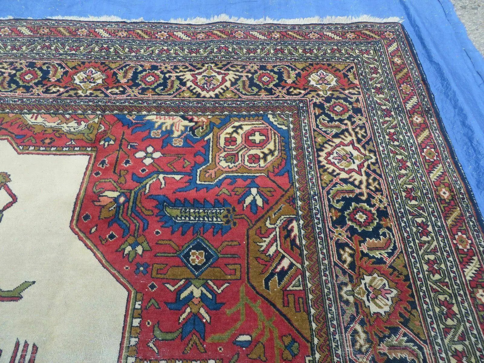 Persian Tabriz Rug 10x13 Oriental Carpet, Ivory Open Field, Geometric Medallion, Red Blue, Hand Knotted, Large Wool Area Rug Vintage Antique 1950s by Jewel Rugs