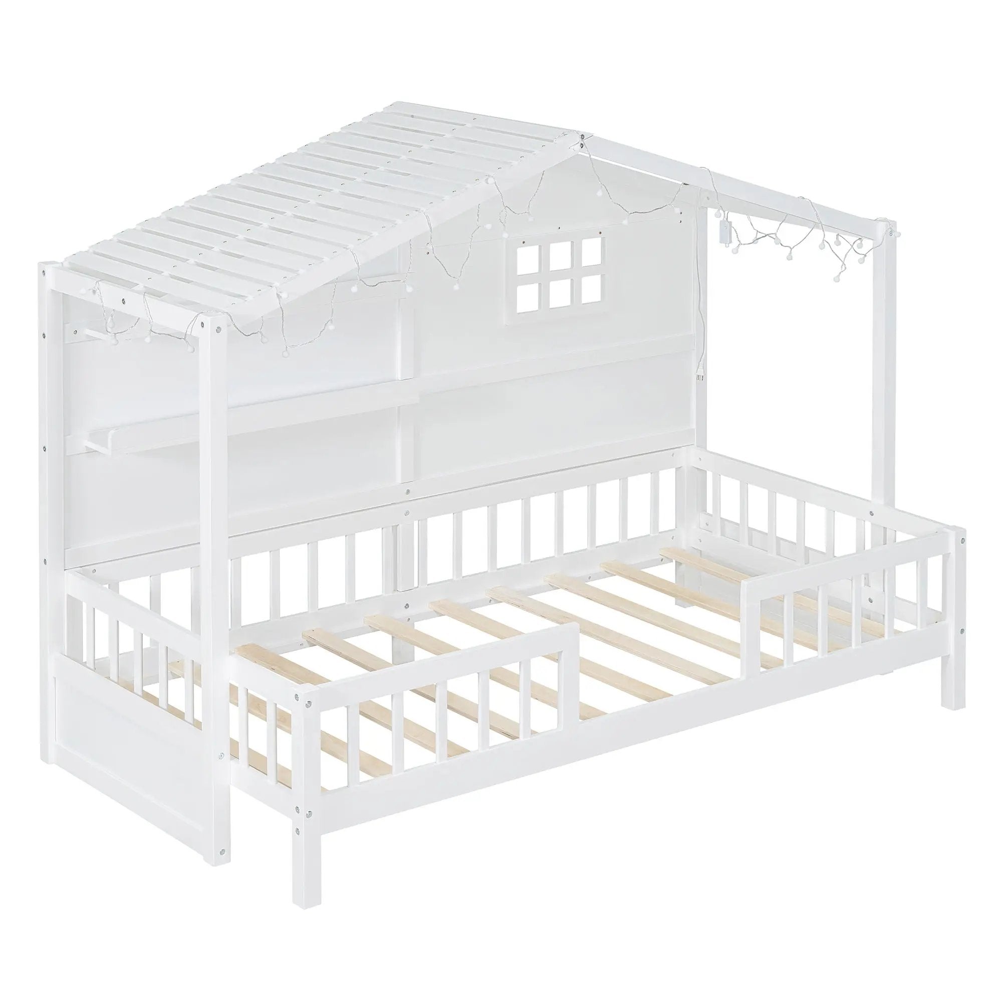 House Bed With Shelves, Window And Sparkling Light Strip On The Roof by HouseOfZazla