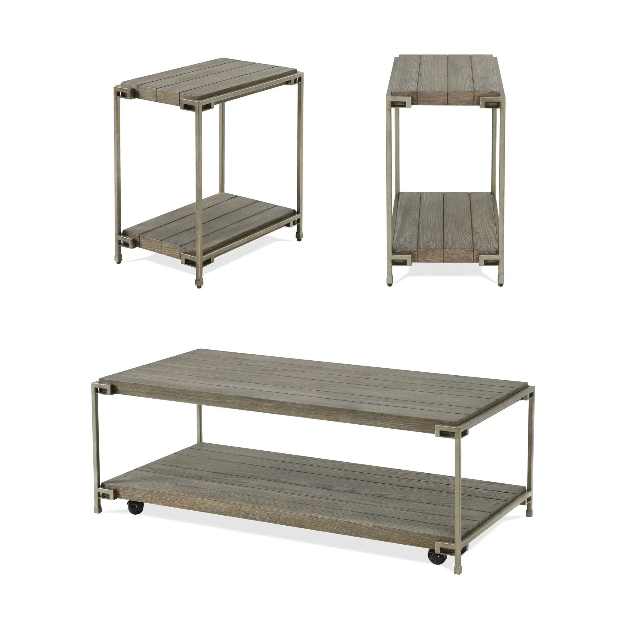 Corbeta - 3 Piece Metal Frame Wood Living Room Coffee Table And 2 Chairside Tables Set, Aged Graphite - Brown by HouseOfZazla
