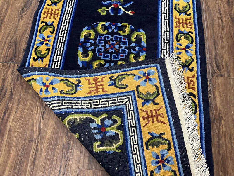 Chinese Art Deco Rug 3 x 5.9, Handmade Chinese Peking Carpet, Dark Blue and Gold, Medallion, Asian Oriental 3x6 Hand Knotted Vintage Rug by Jewel Rugs