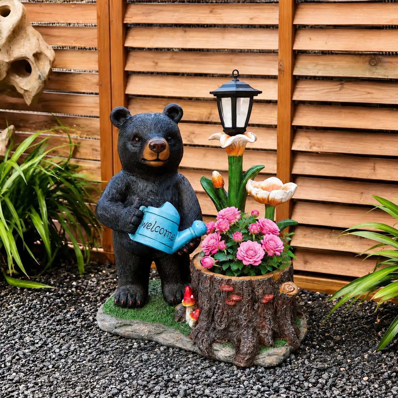 Standing Black Bear Garden Planter with Decorative Solar Lantern by HouseOfZazla