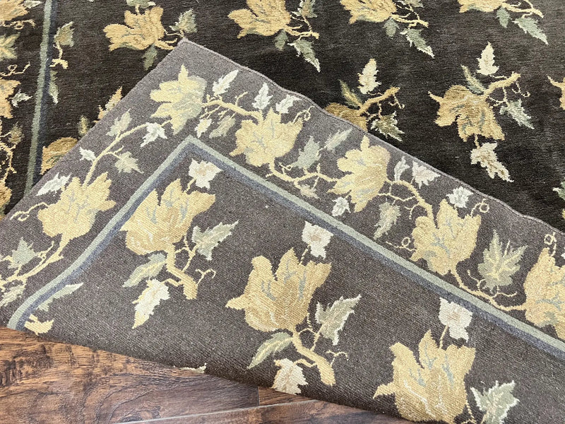 Tibetan Nepal Rug 6x9, Wool Hand Knotted Vintage Carpet 6 x 9, Dark Green & Golden Yellow, Floral Bouquets by Jewel Rugs