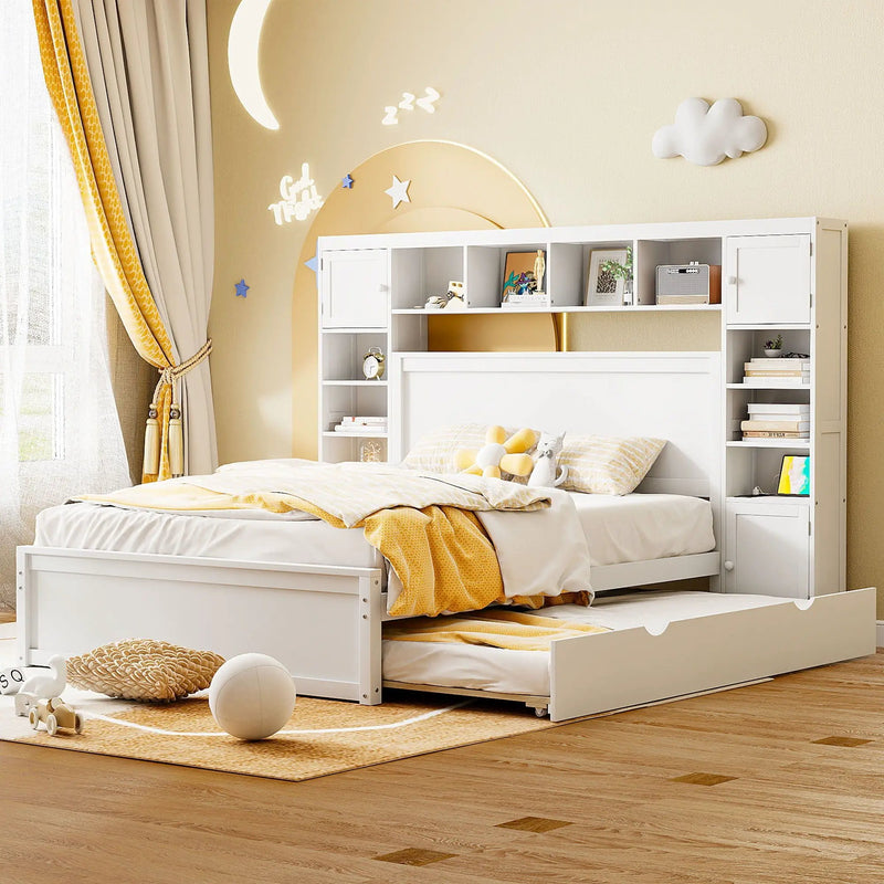 Bed With All In One Cabinet, Shelf And Sockets, Twin Long Trundle by Unique Piece Furniture