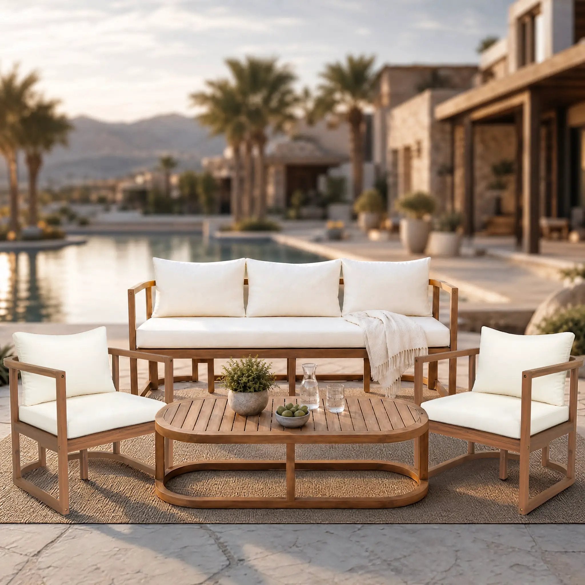 TOPMAX 4-Piece Modern Acacia Wood Sofa Set by HouseOfZazla