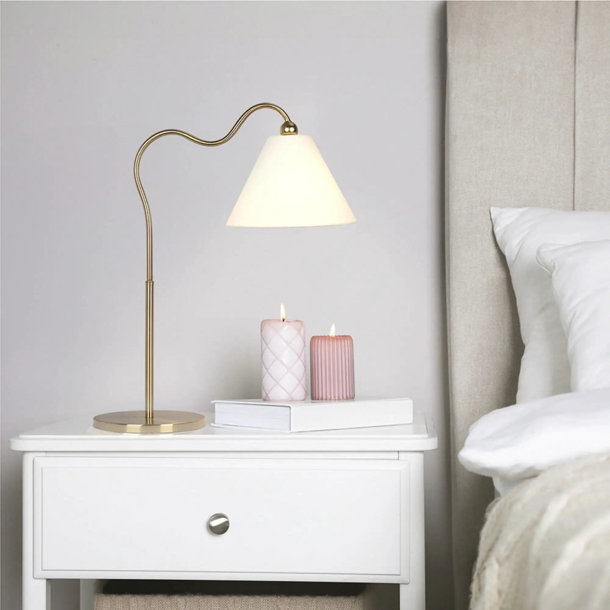 Ornate - Ring Base Curved Table Lamp With Triangle Drum Shade - Gold / White by Unique Piece Furniture