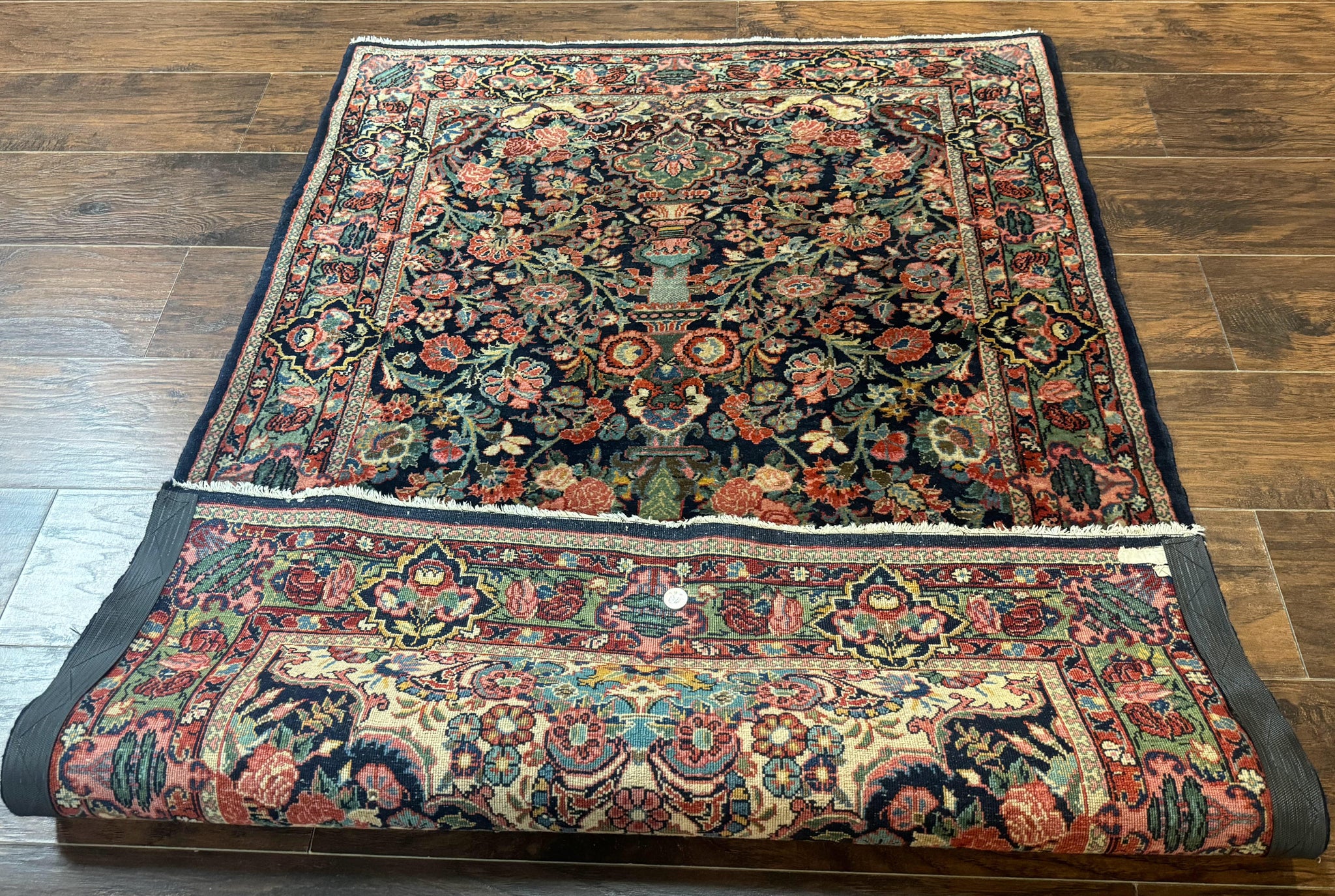 Antique Persian Rug 4x5, Navy Blue 1920s Carpet, Wool, Rare, Fine, Persian Hamadan Bidjar Carpet by Jewel Rugs