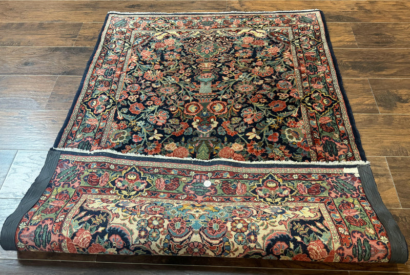 Antique Persian Rug 4x5, Navy Blue 1920s Carpet, Wool, Rare, Fine, Persian Hamadan Bidjar Carpet by Jewel Rugs