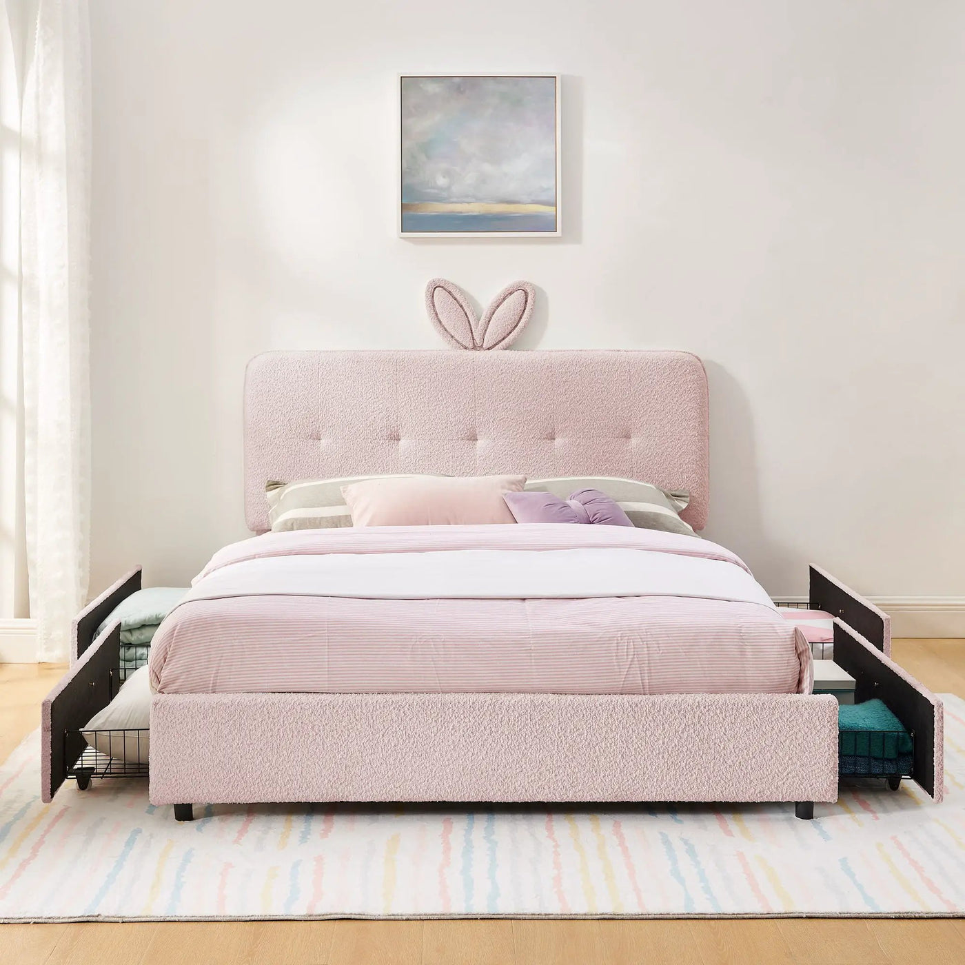 Upholstered Bed With Oversized Rabbit Ear Headboard, LED Lights & 4 Storage Drawers by Unique Piece Furniture
