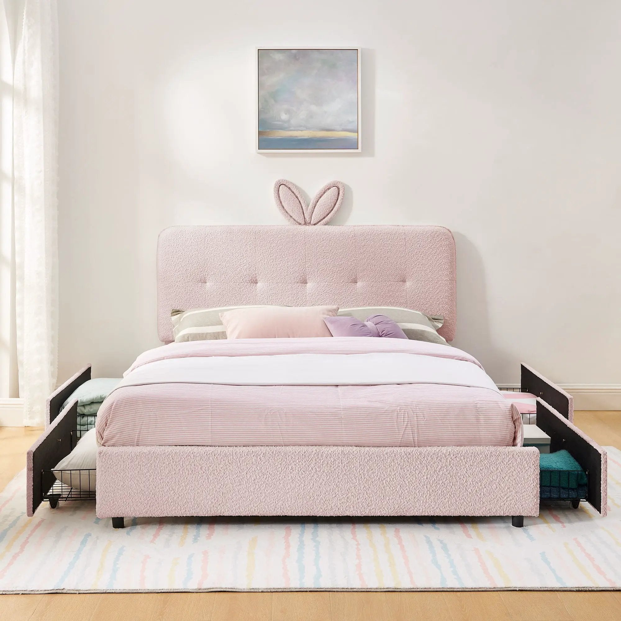 Upholstered Bed With Oversized Rabbit Ear Headboard, LED Lights & 4 Storage Drawers by Unique Piece Furniture