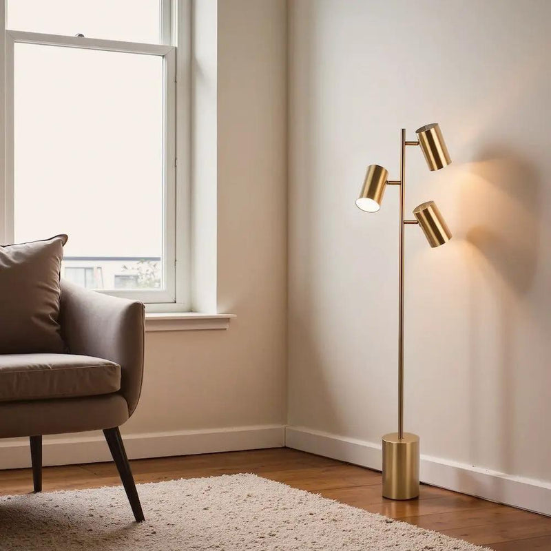 Harmony - Floor Lamp With Rotary Switch Triple Spots Block Base - Gold by HouseOfZazla
