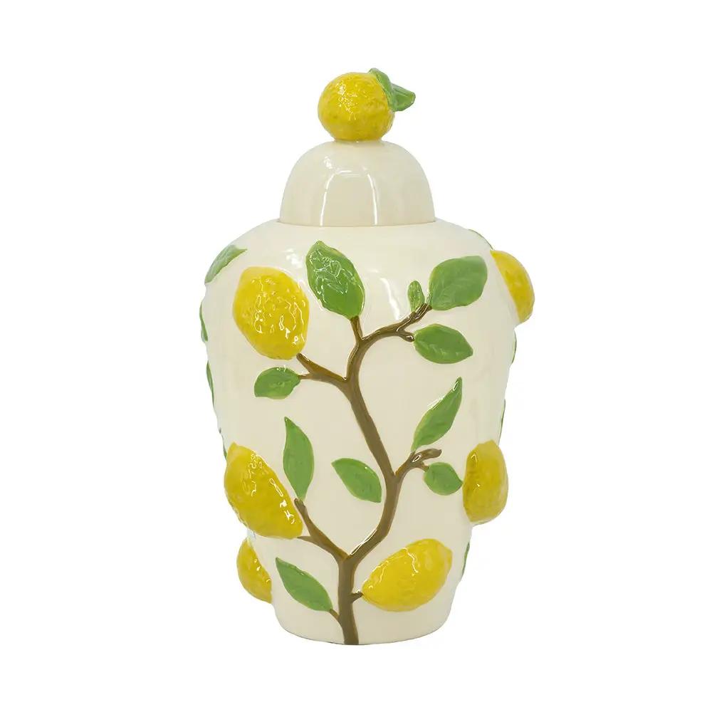 8.7x8.7x15' White Ceramic Lidded Jar with Playful Lemon Design by HouseOfZazla