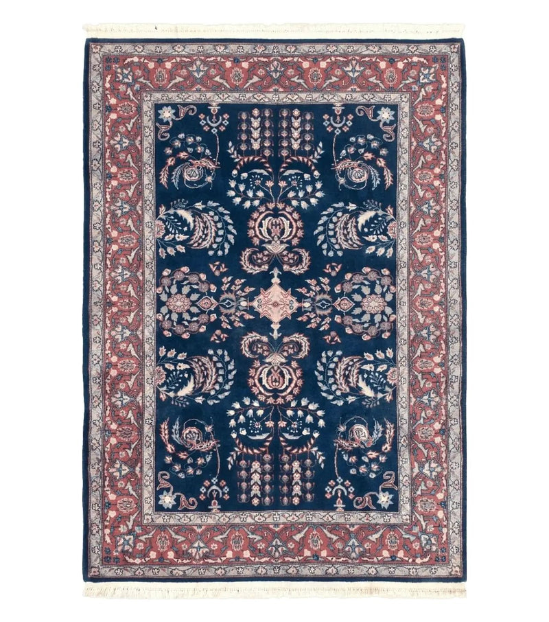 Dark Blue Indo Persian Rug 4x6, Medium Size Hand Knotted Oriental Carpet, Traditional Floral Indian Rug, Blue and Red Entryway Rug, Wool Rug by Jewel Rugs