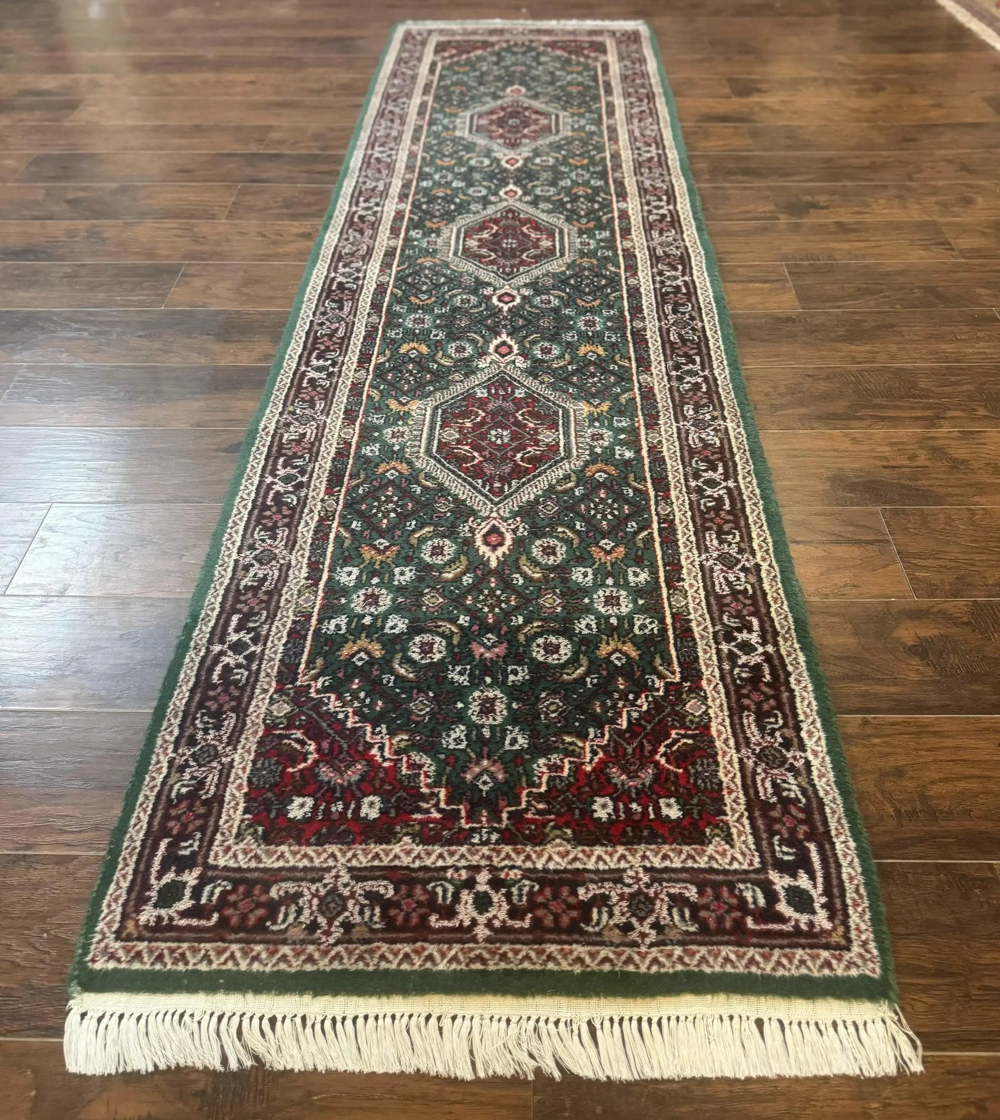 Green Indo Persian Bidjar Runner Rug 3x10, Green and Red by Jewel Rugs
