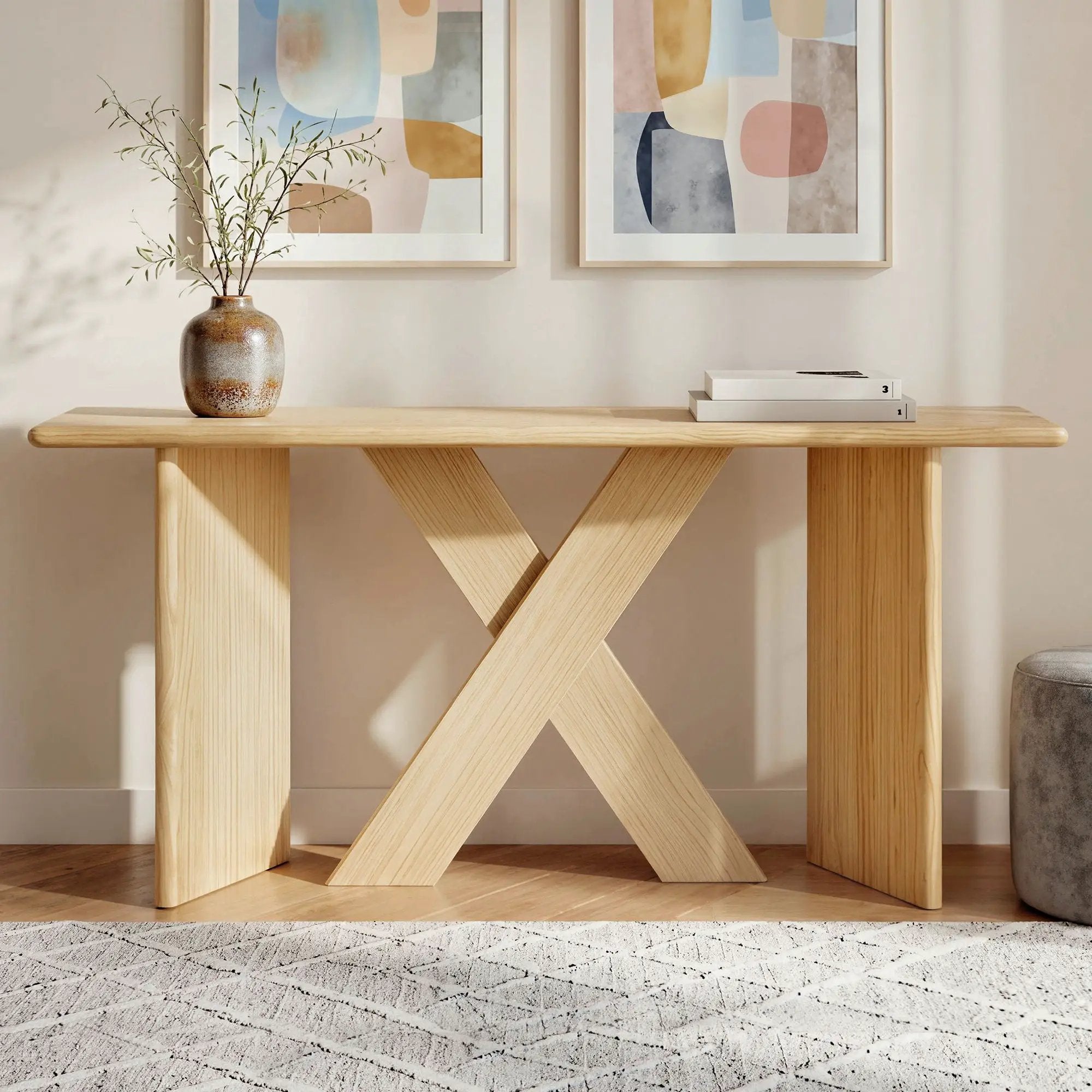X-Frame Console Table, Angled Cross Leg Design, Rounded Edges - Natural