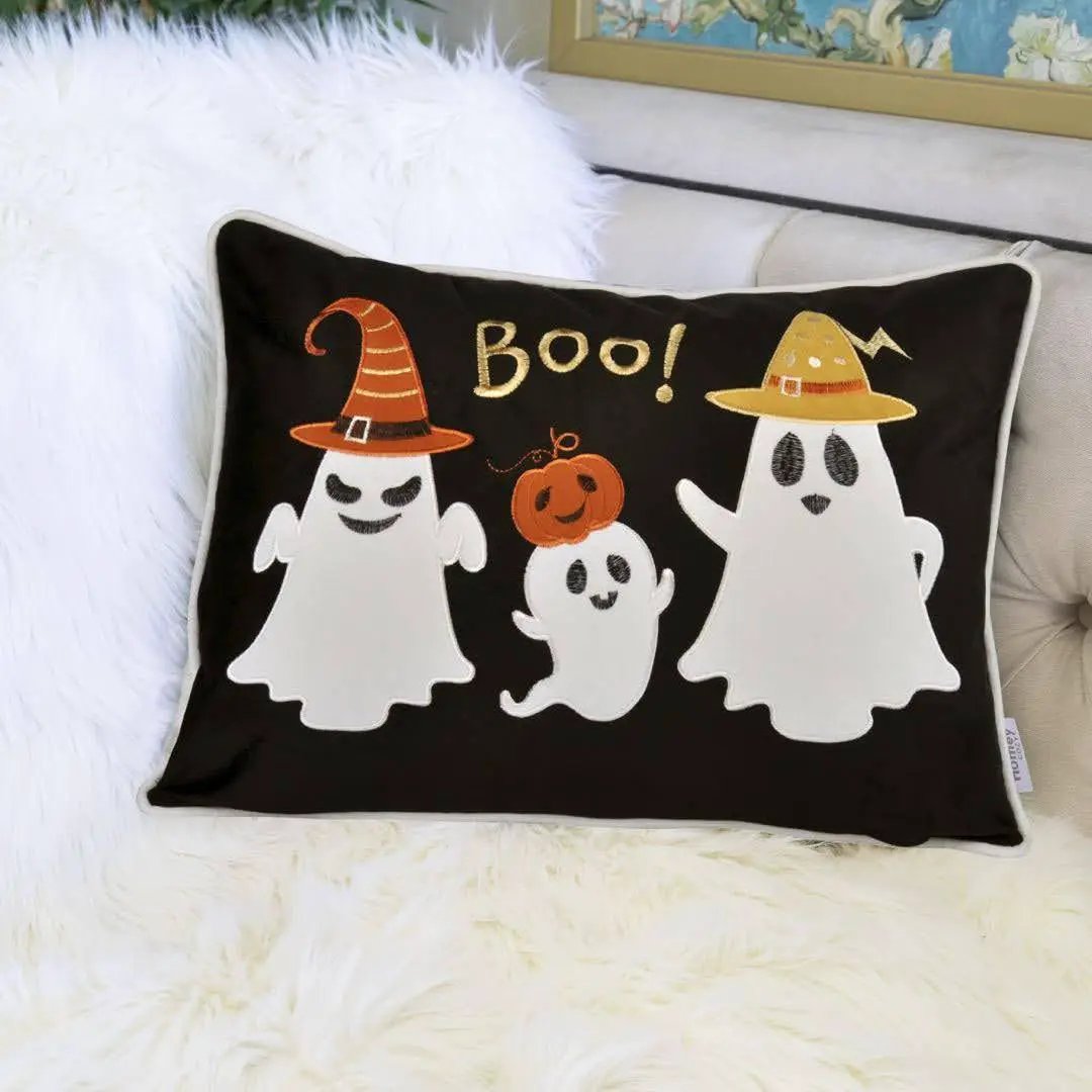 Halloween Boo Ghost Velvet Throw Pillow by HouseOfZazla