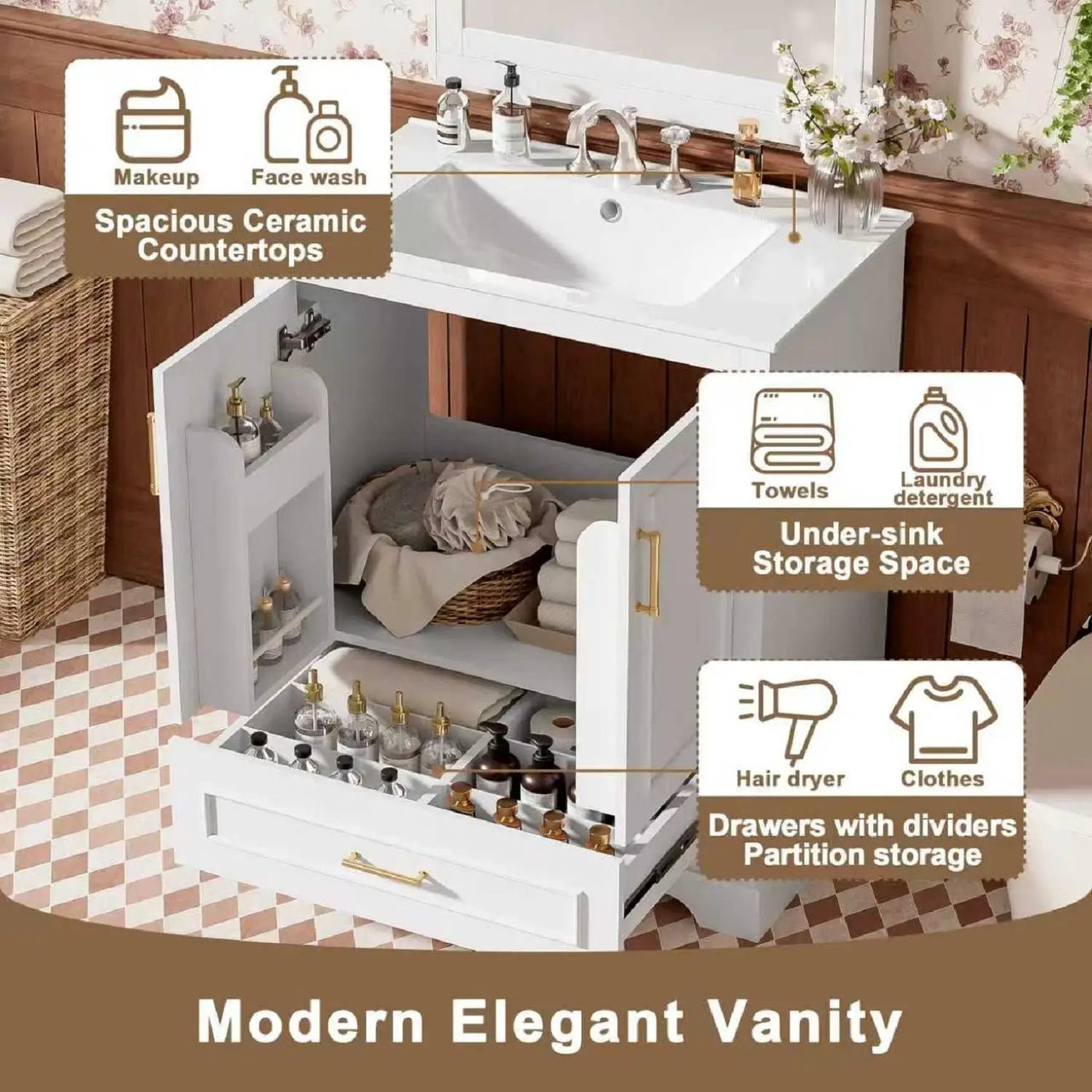 Bathroom Vanity With Sink, 1 Divided Drawer And 2 Soft Close Doors With Double Shelf by HouseOfZazla