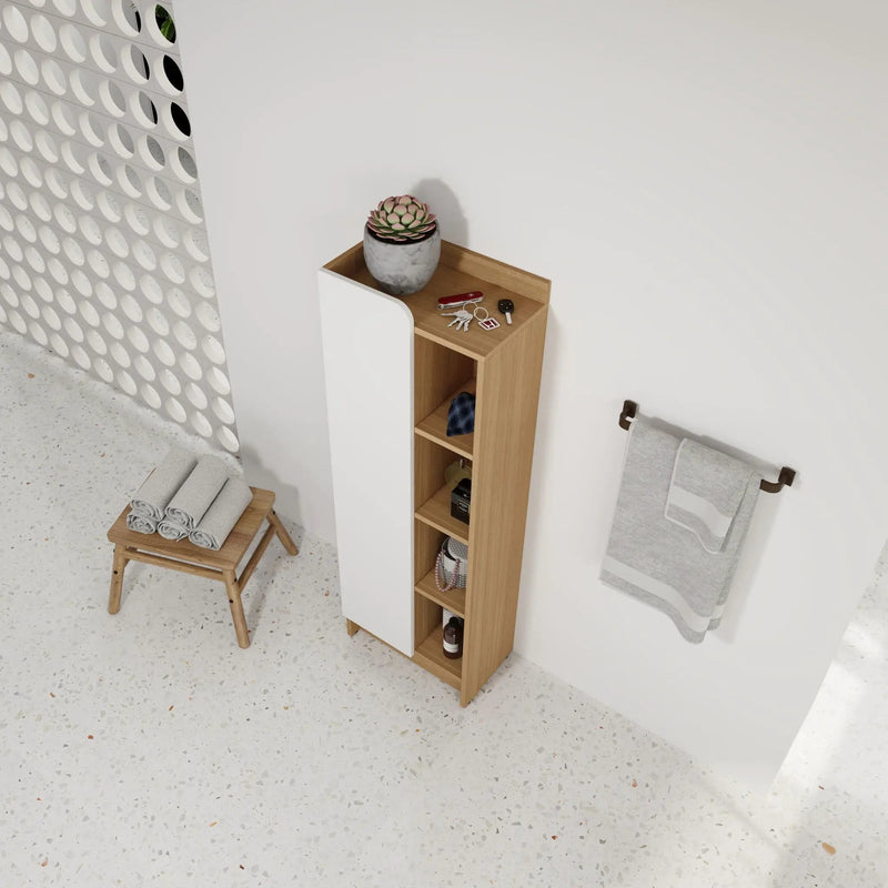 Tall Freestanding Bathroom Side Cabinet With Single Door & 4 Tier Open Shelves - Black / Light Oak / White by Unique Piece Furniture