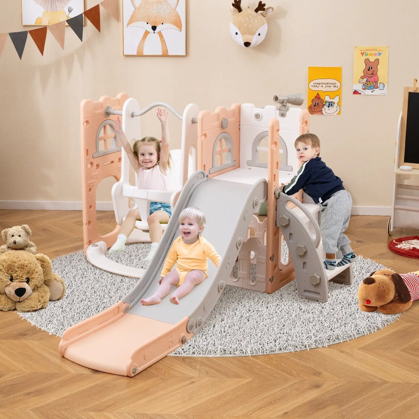 7-in-1 Toddler Swing and Slide Set L-shaped with Ladder and Basketball Hoop by DirectDeals