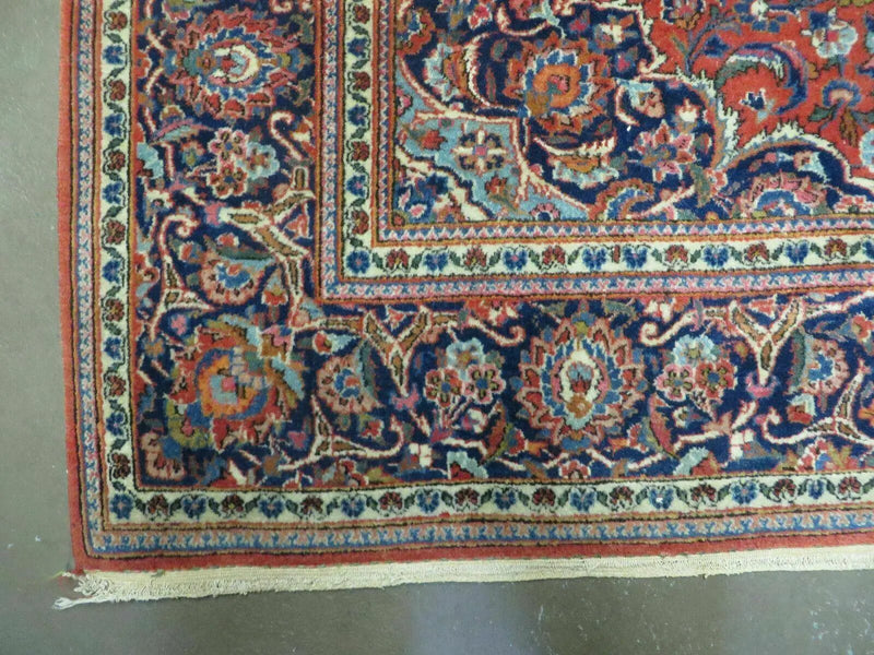 Persian Kashan Rug 4x7, Red and Navy Blue Semi Antique Vintage Wool Oriental Carpet, Hand Knotted Rug, Floral Medallion, High Quality Fine Carpet by Jewel Rugs