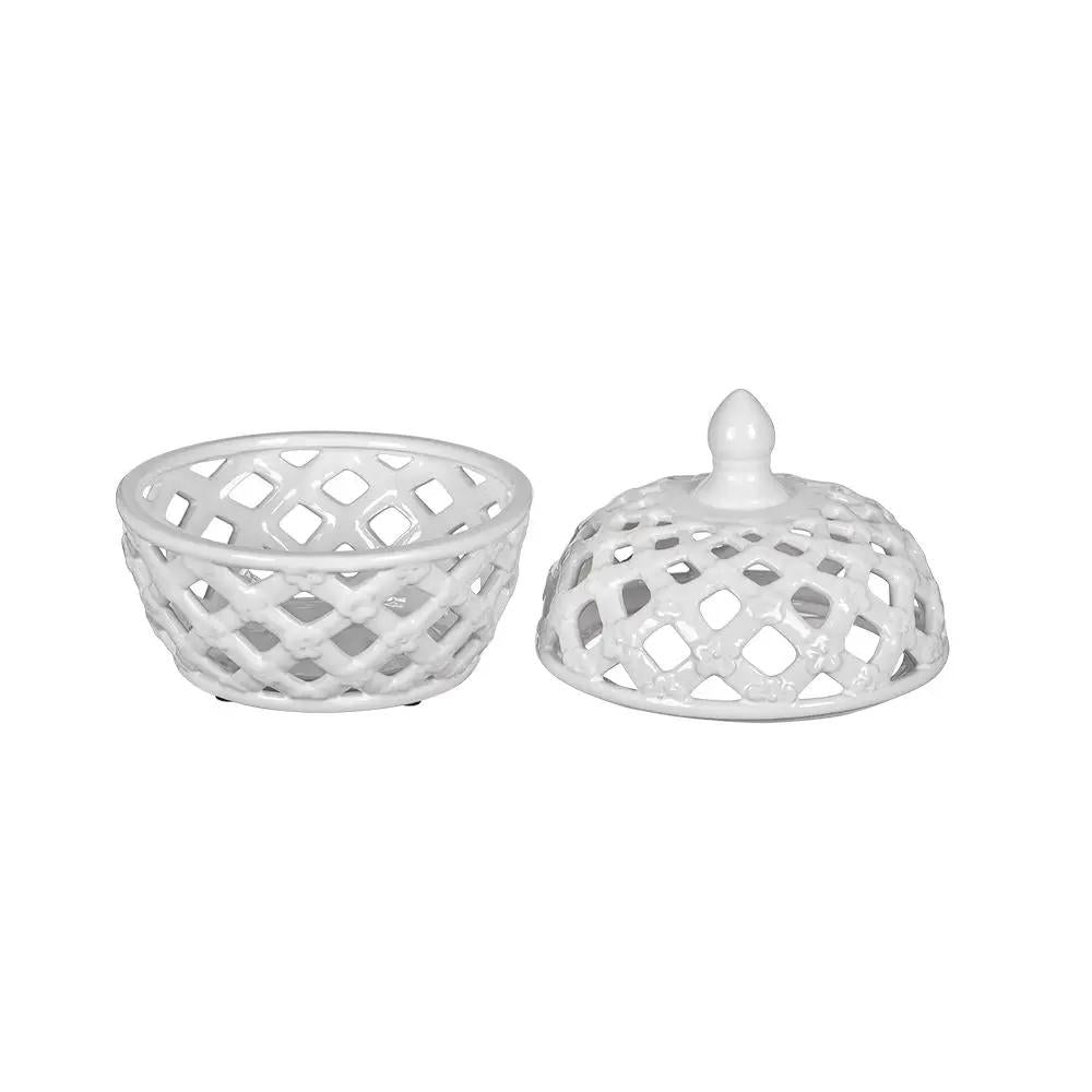 Ceramic Lidded Jar With Lattice Design - White by Unique Piece Furniture
