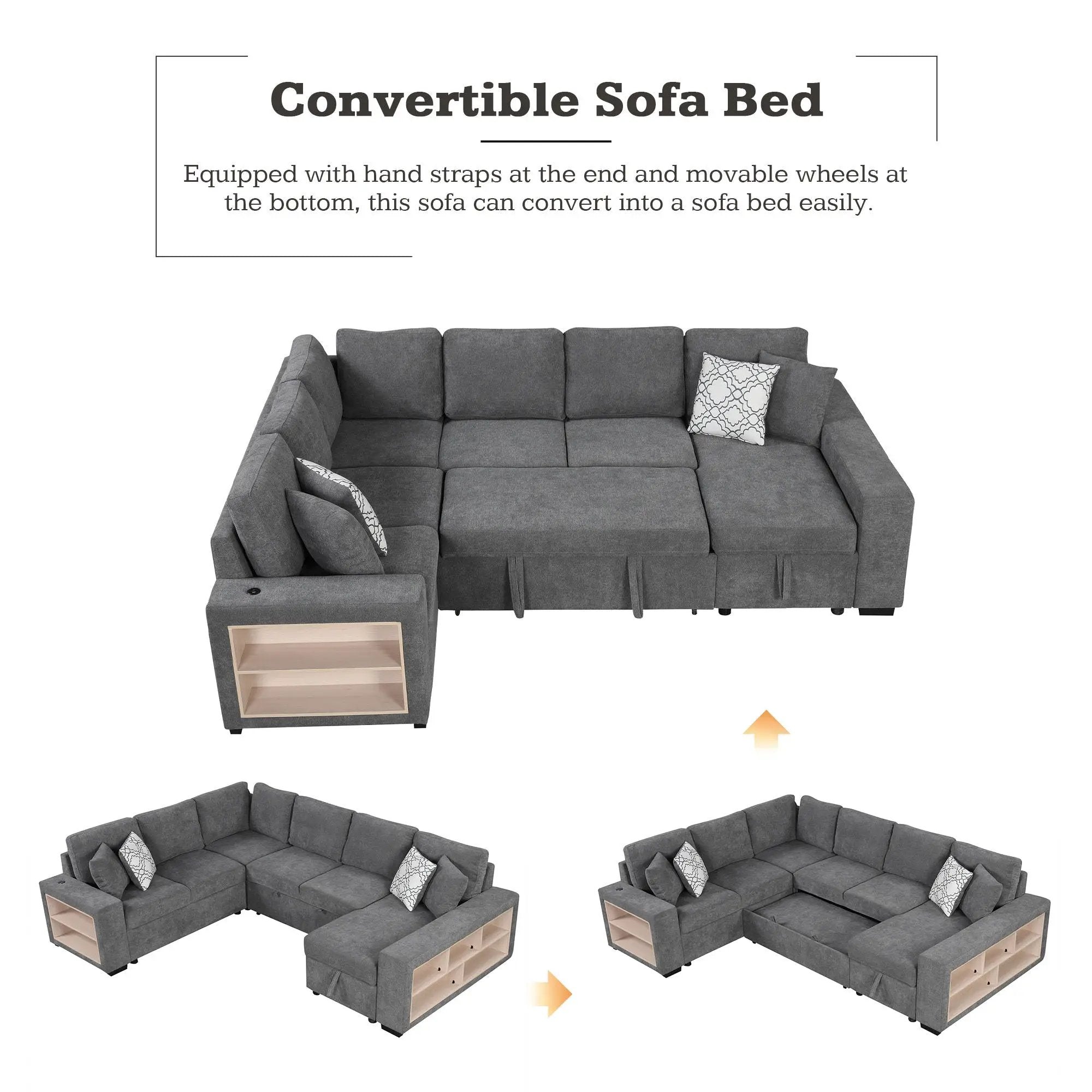 U-Shaped Sectional Sofa Pull-Out Sofa Bed With Two USB Ports, A Storage Chaise Lounge And Four Back Pillows For Living Room by HouseOfZazla