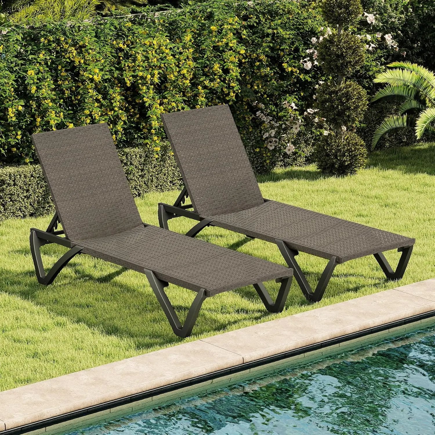 Pool Lounge Chairs Set of 2, Wicker Adjustable Outdoor Chaise Lounge with Wheels by HouseOfZazla