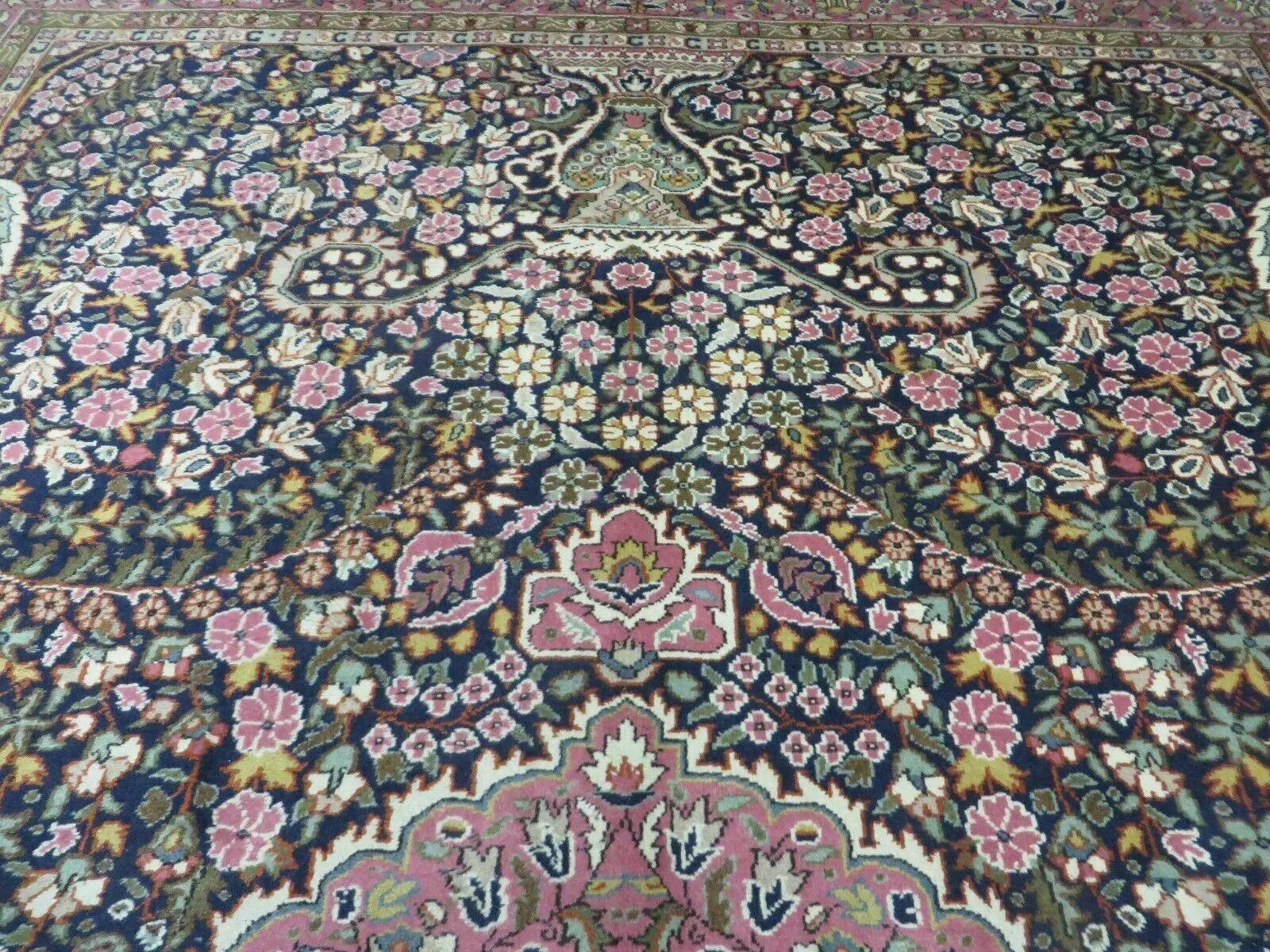 Turkish Sivas Rug 7x11, Navy Blue & Pink, Millifluer Floral Wool Carpet, Vintage by Jewel Rugs