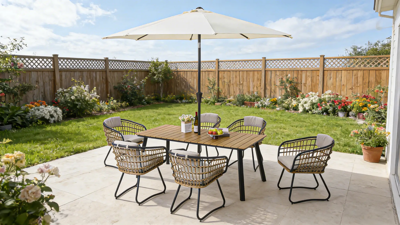 7-Piece Outdoor Wicker Dining Set with Wood-Plastic Composite Board Table by HouseOfZazla