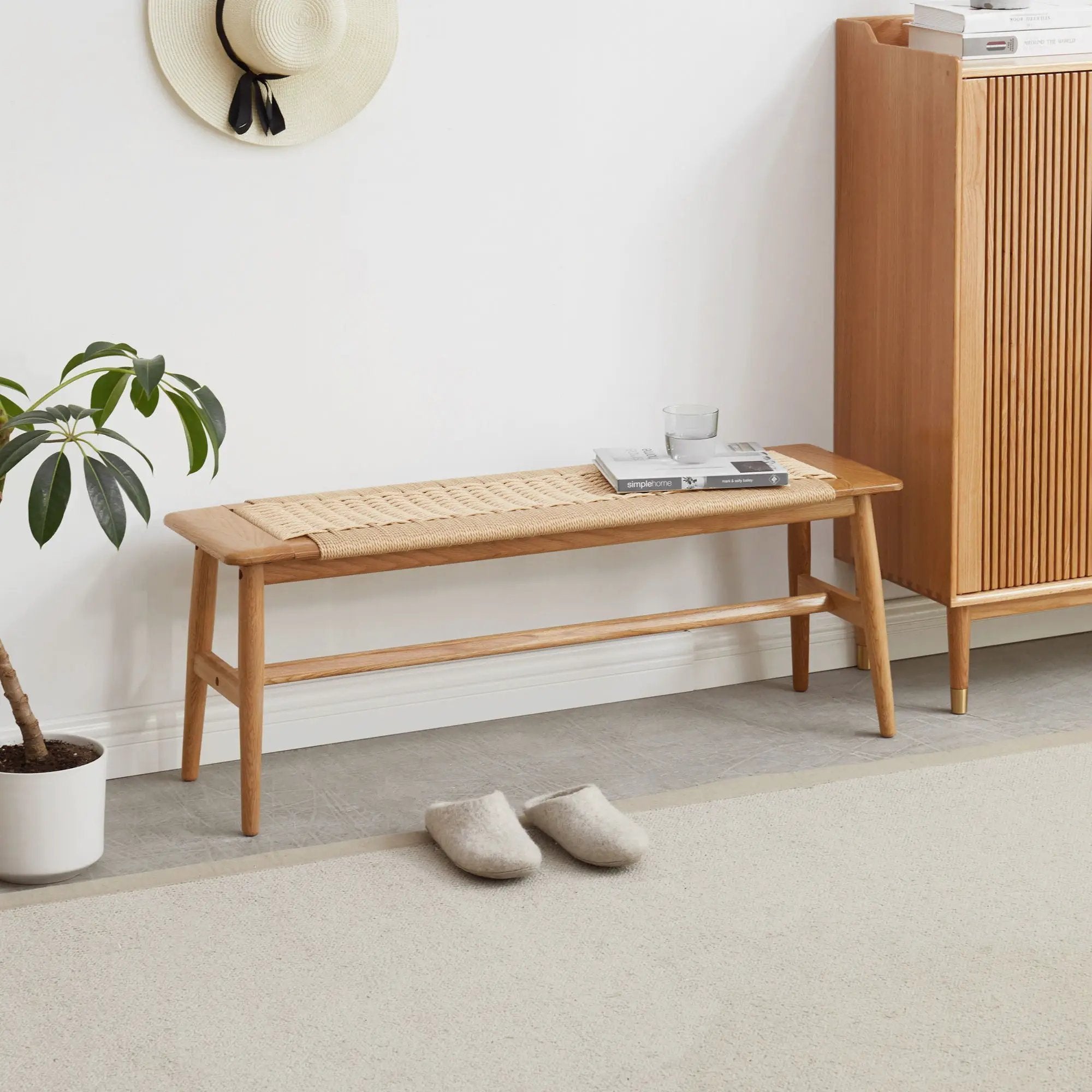 Woven Design Dining Bench For Dining Room, Bedroom - Natural Oak by Unique Piece Furniture