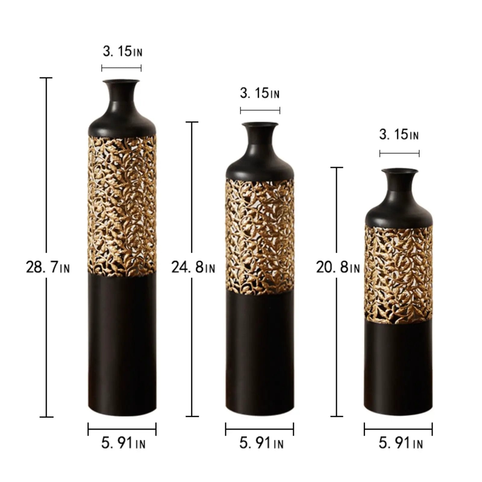 Floor Metal Vases Decorated Metal Vases (Set of 3) Gorgeous Home Decoration Large Glazed Metal Vases - Black / Gold by Unique Piece Furniture