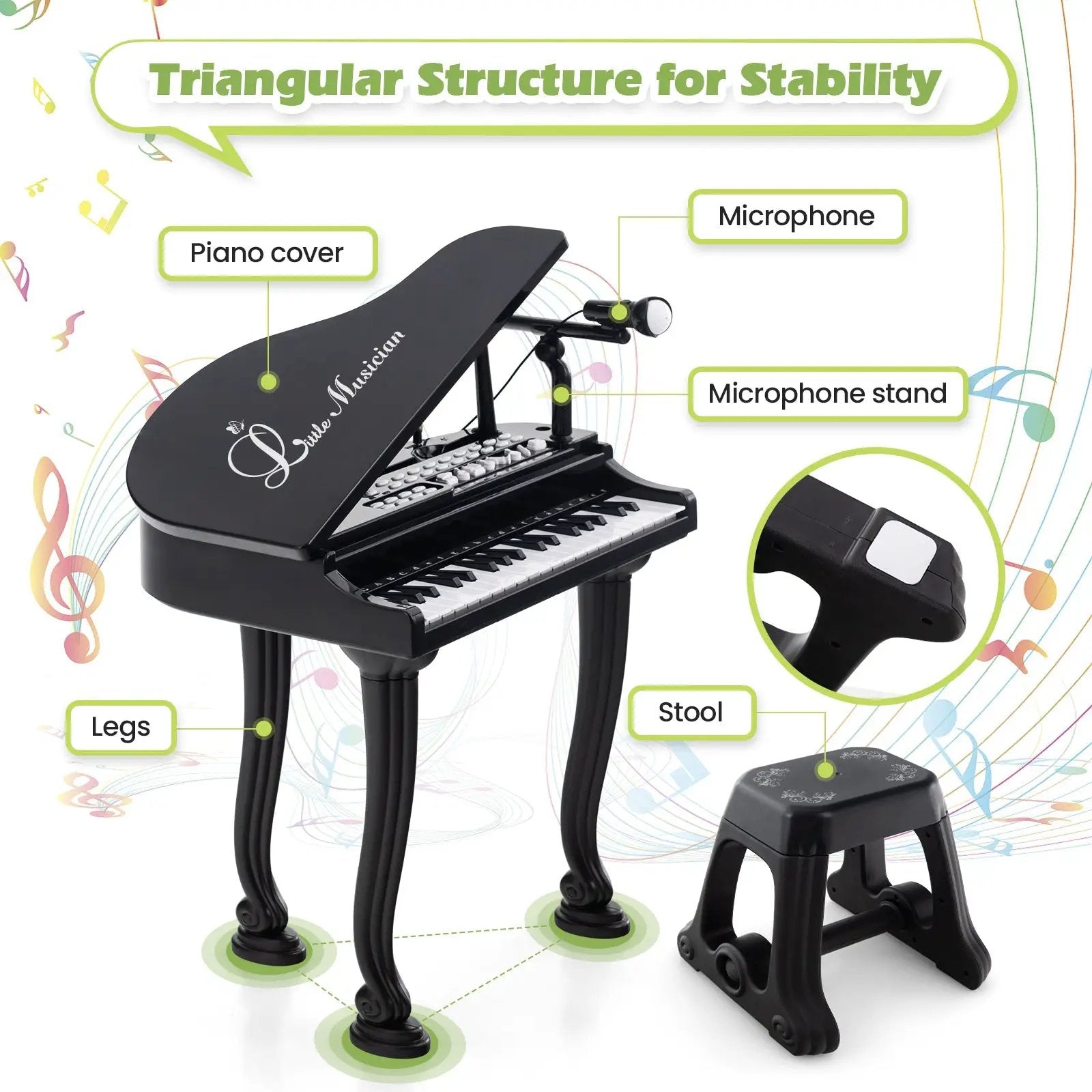 37 Keys Kids Piano Keyboard with Stool and Piano Lid by DirectDeals