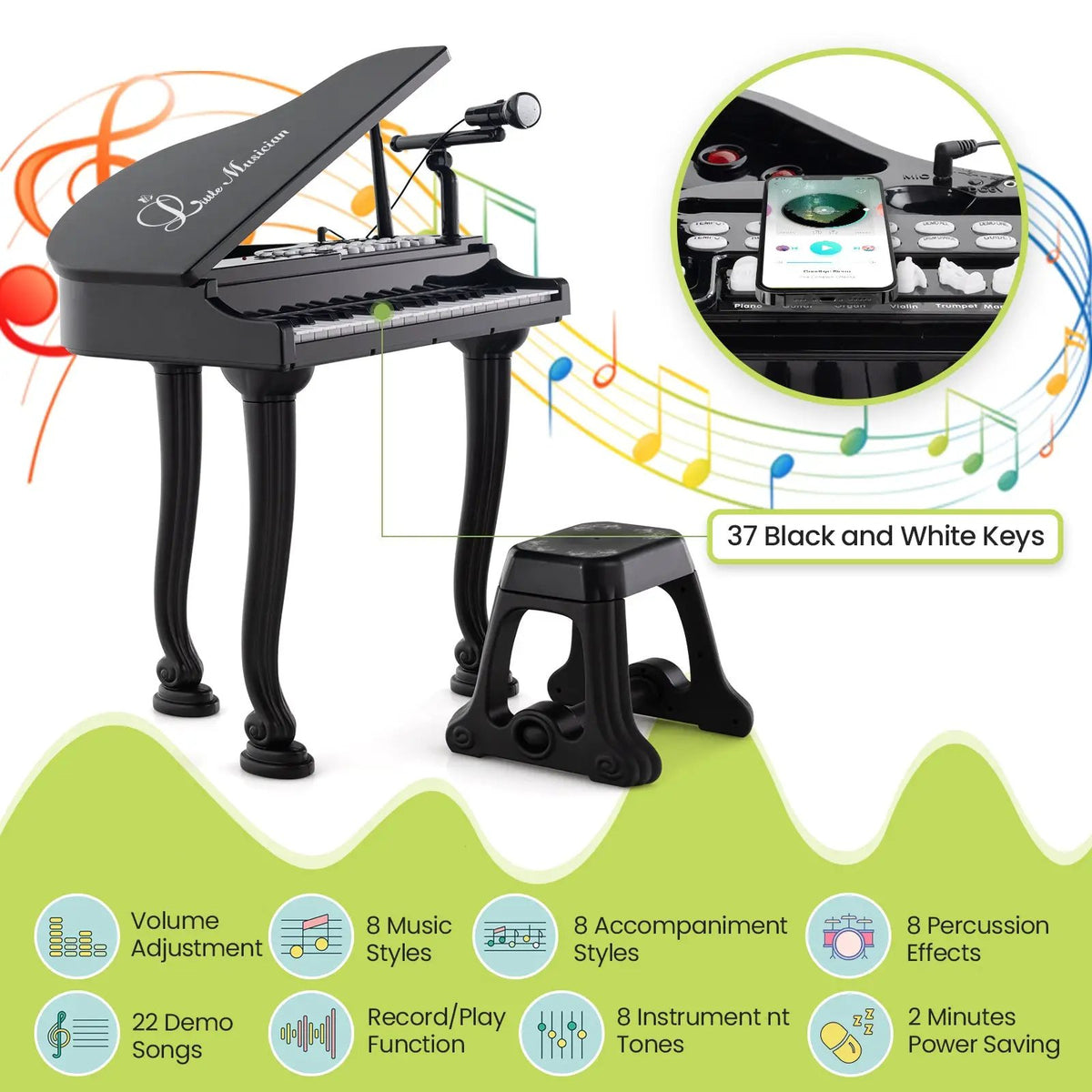 37 Keys Kids Piano Keyboard with Stool and Piano Lid, photo 8 of 9