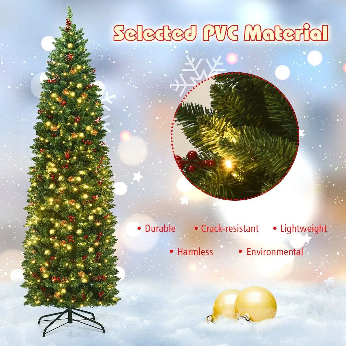 7.5 Feet Pre-lit Hinged Pencil Christmas Tree with Pine Cones Red Berries by DirectDeals