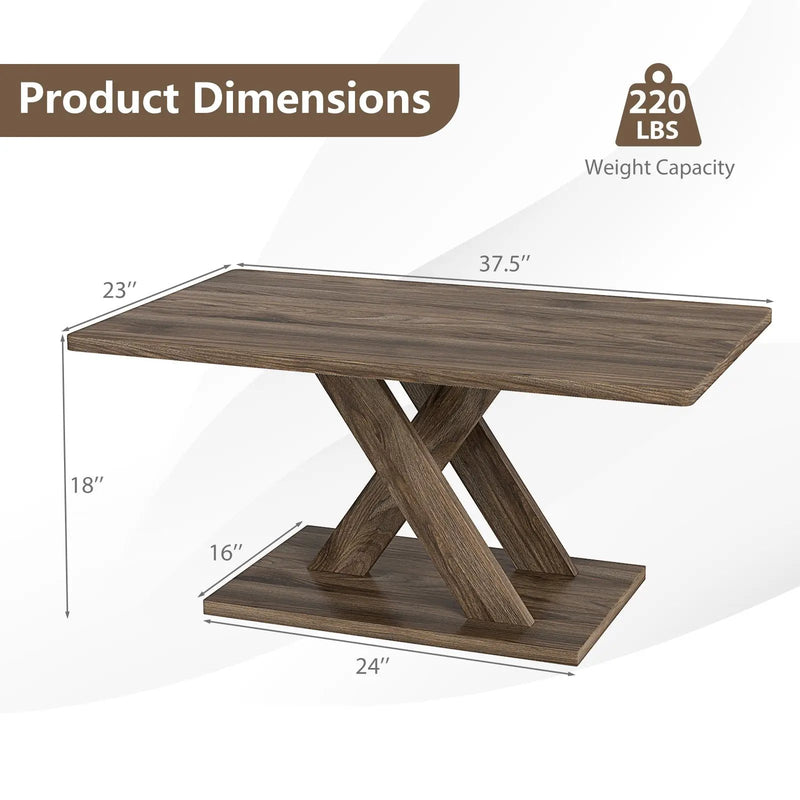 37.5 Inch Rectangular Coffee Table with Stable Base and Rubber Wood Connection for Living Room-Brown by DirectDeals