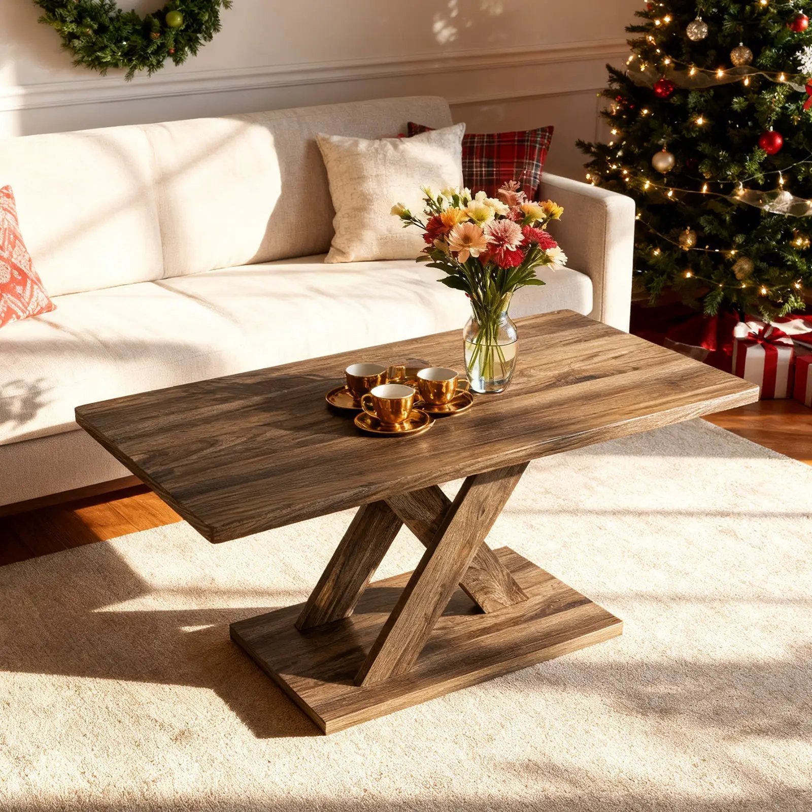 37.5 Inch Rectangular Coffee Table with Stable Base and Rubber Wood Connection for Living Room-Brown by DirectDeals