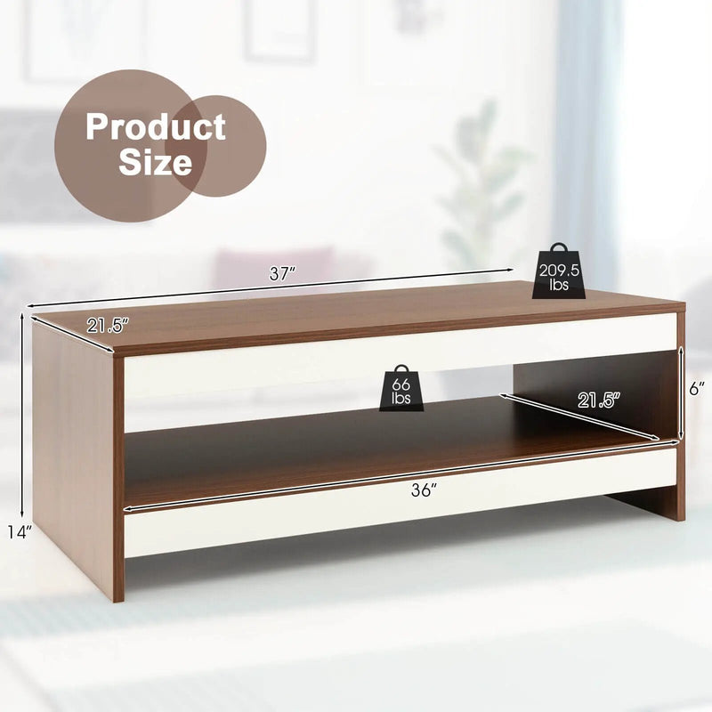 37 Inch 2-Tier Rectangle Wooden Coffee Table with Storage Shelf-Wulnat by DirectDeals