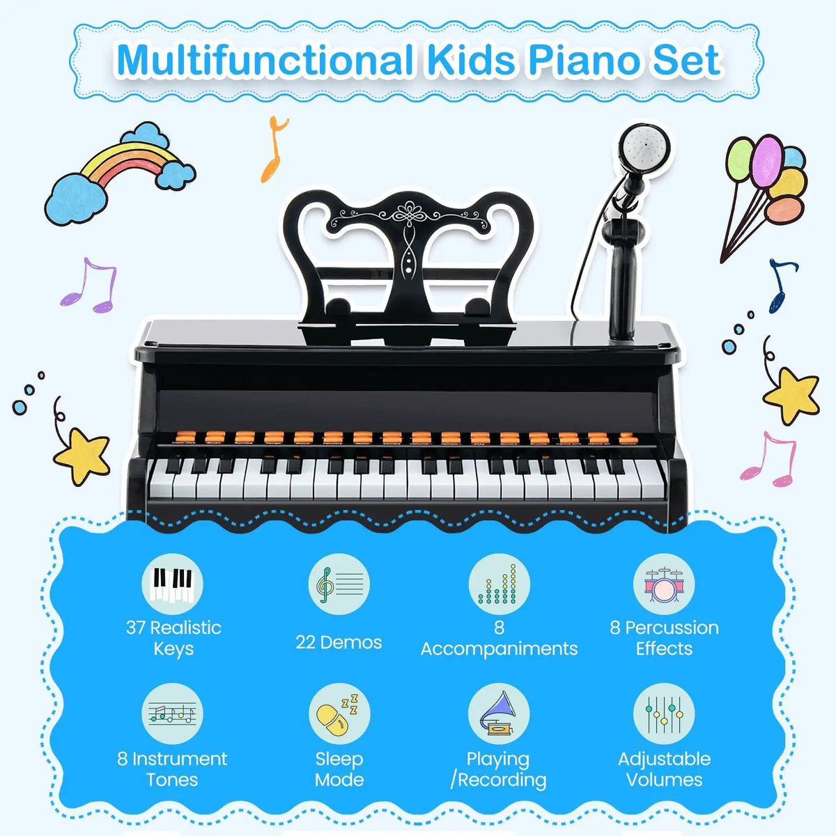 37 Keys Music Piano with Microphone Kids Piano Keyboard with Detachable Music Stand, photo 16 of 24