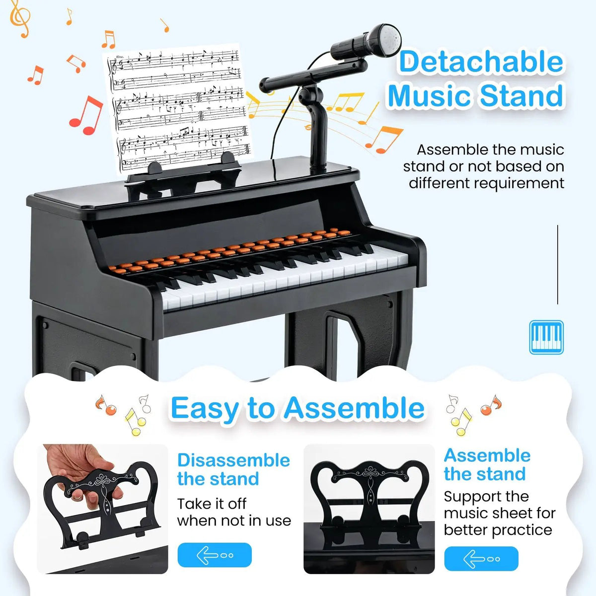 37 Keys Music Piano with Microphone Kids Piano Keyboard with Detachable Music Stand, photo 22 of 24