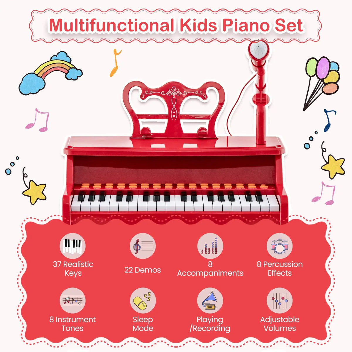37 Keys Music Piano with Microphone Kids Piano Keyboard with Detachable Music Stand, photo 18 of 24