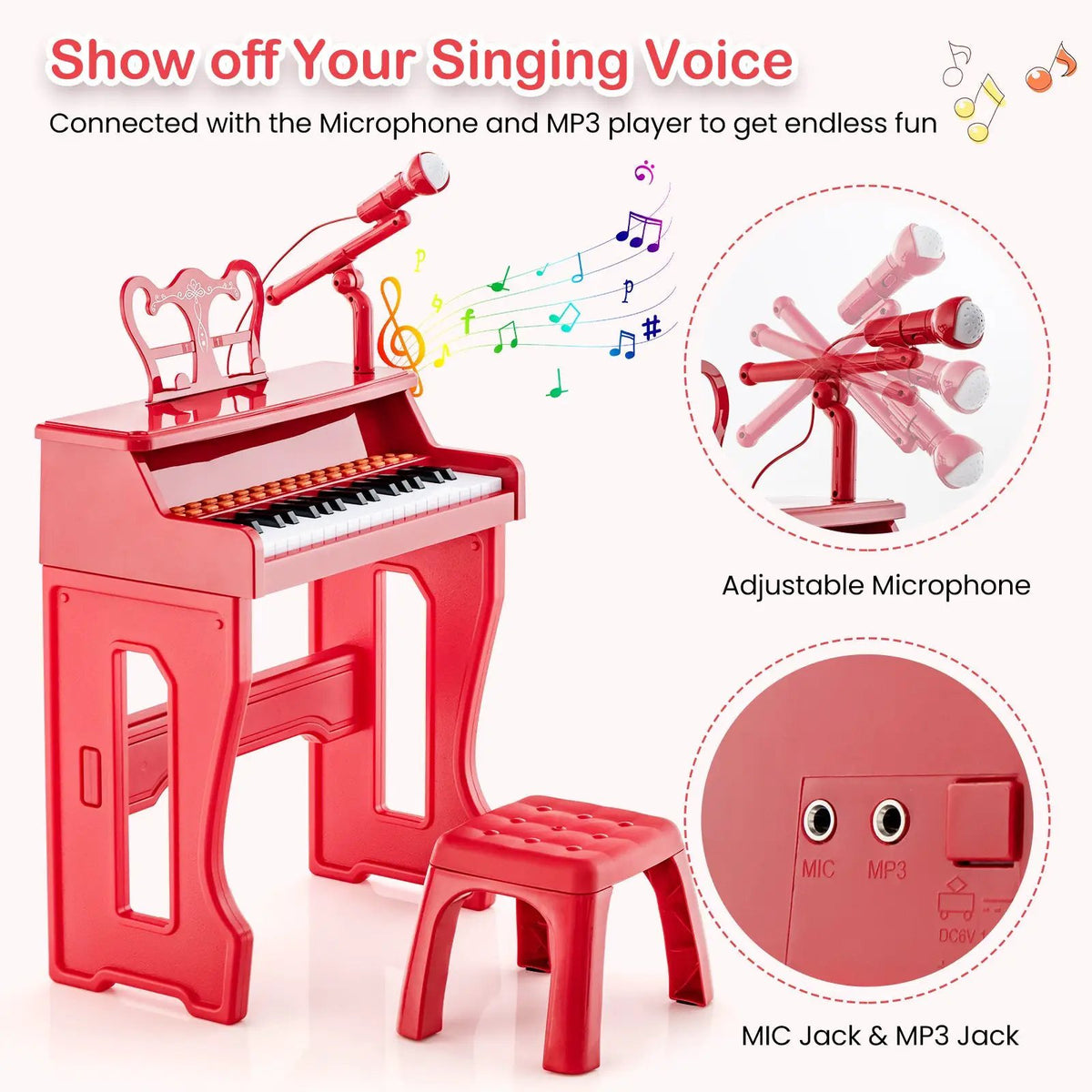 37 Keys Music Piano with Microphone Kids Piano Keyboard with Detachable Music Stand, photo 21 of 24